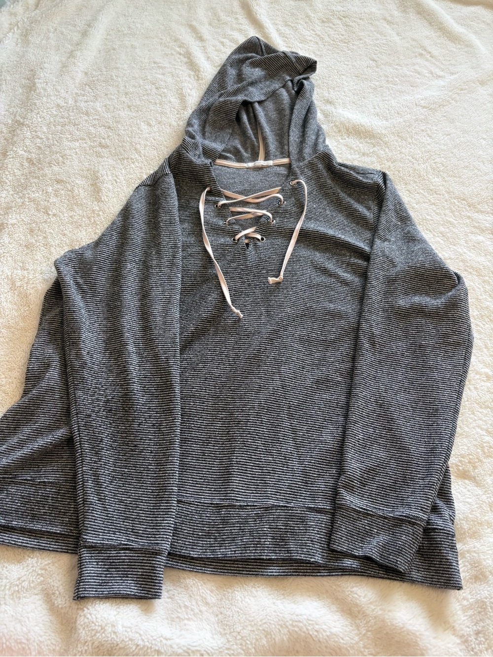 Women's Hooded Lace-Up Pullover Sweater - Charcoal Gray